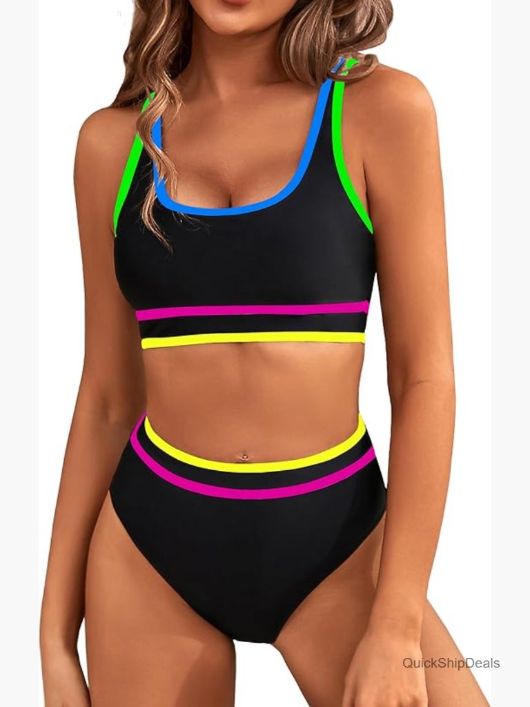 High Waisted Bikini Sets Sporty Two Piece Swimsuits Color Block Cheeky Bathing